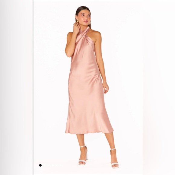 Show Me Your Mumu Veronica Halter Midi Dress True Gold Luxe Satin NWT M - Picture 1 of 12
